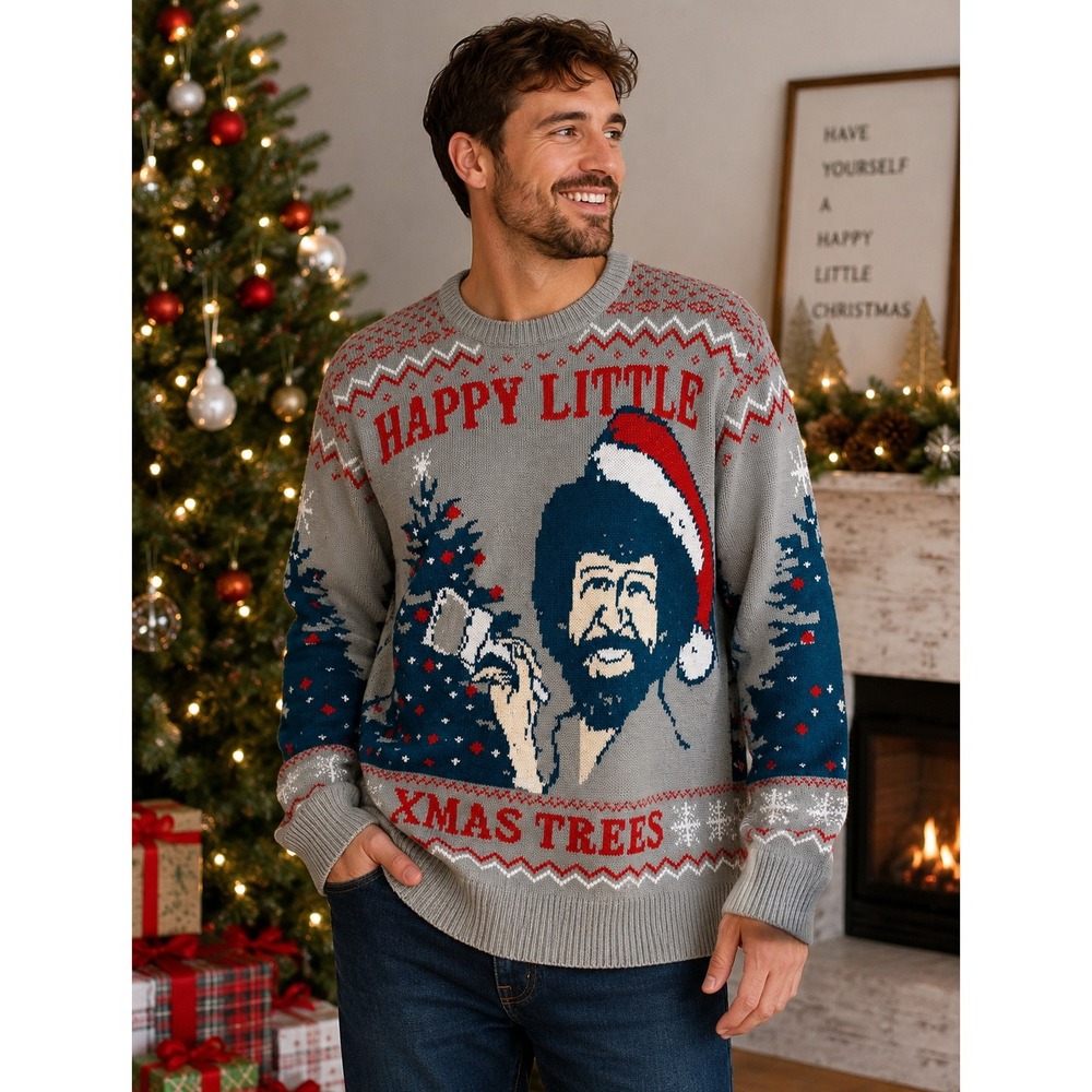 Bob Ross Happy Little Xmas Trees Ugly Christmas Sweater Grey Red Mens Medium